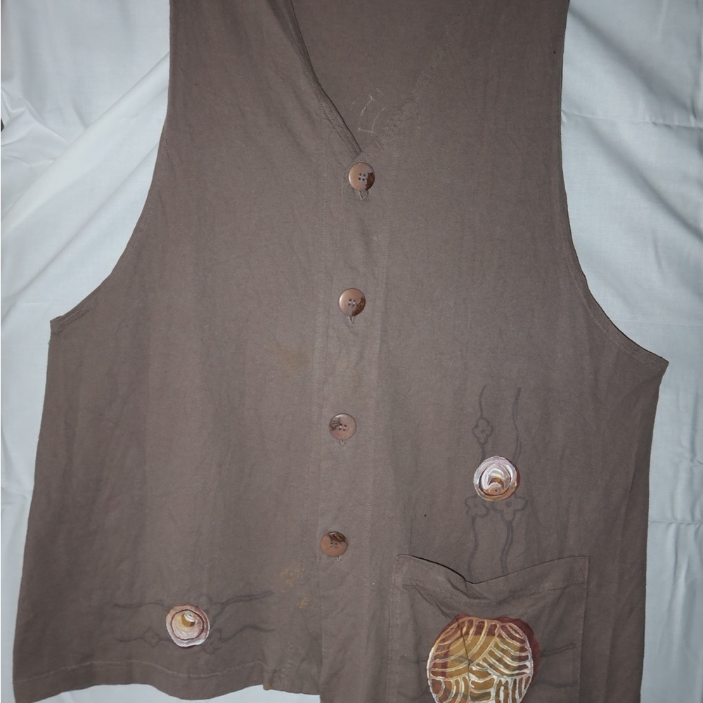 Handcrafted Brown Button-Up Vest with Artistic Patches